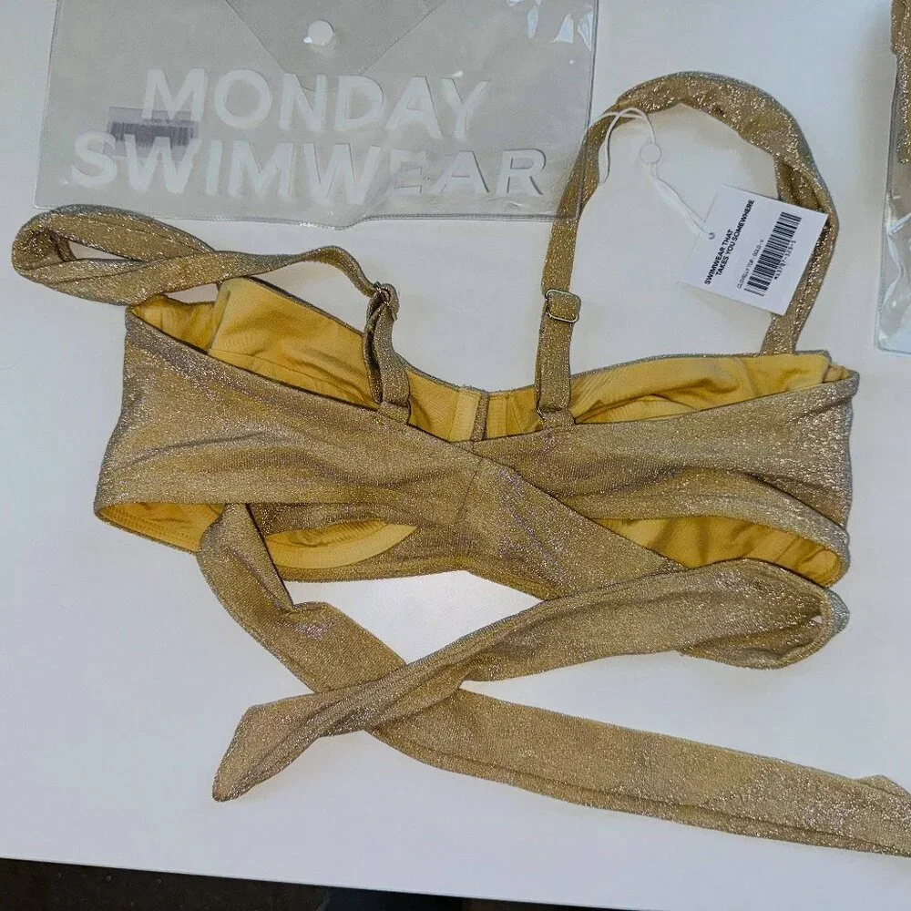 Monday Swimwear Gold Shimmer Wrap Bikini Top Size V